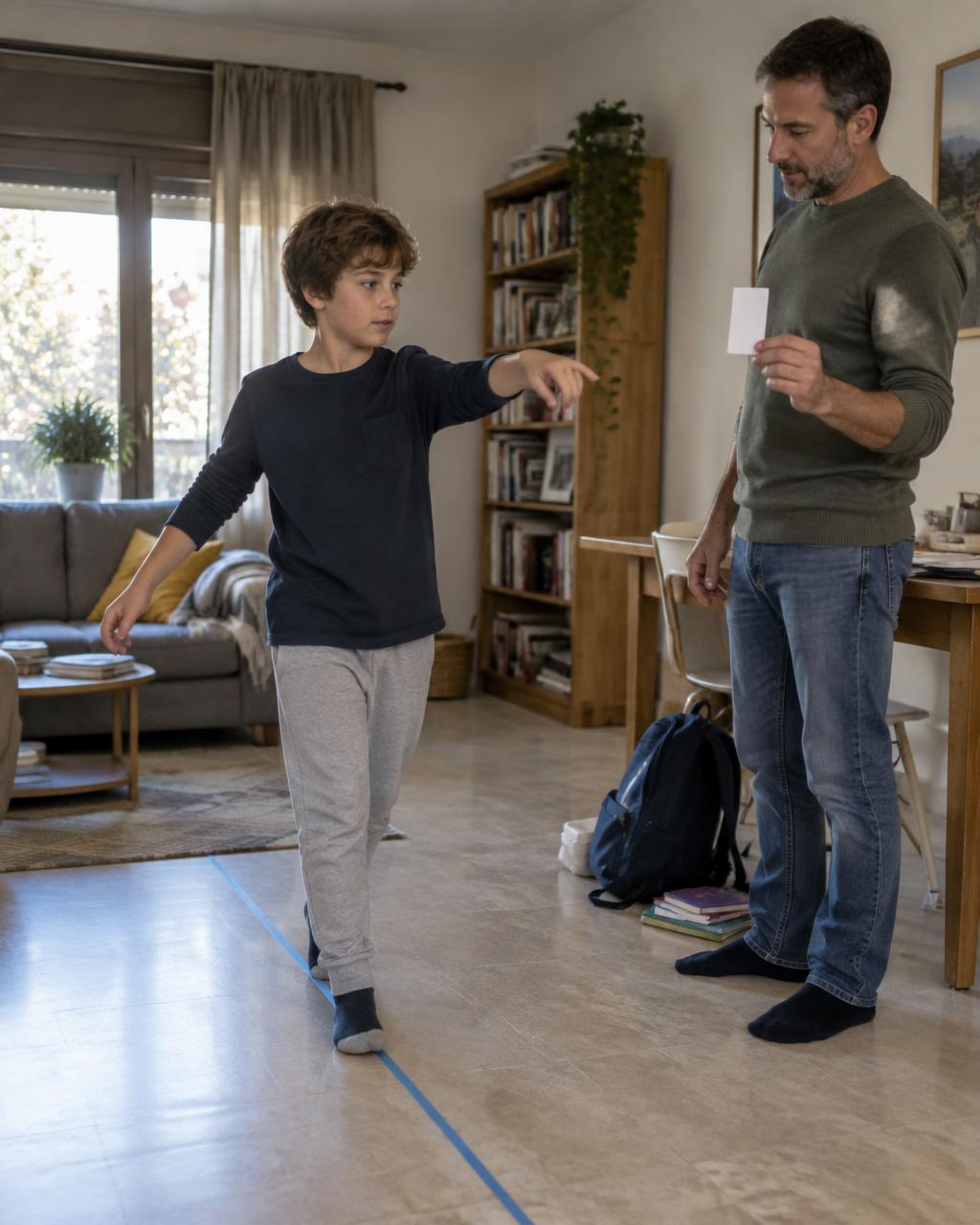 Niño entrenando equilibrio y seguimiento visual en el salón de su casa, acompañado por un adulto